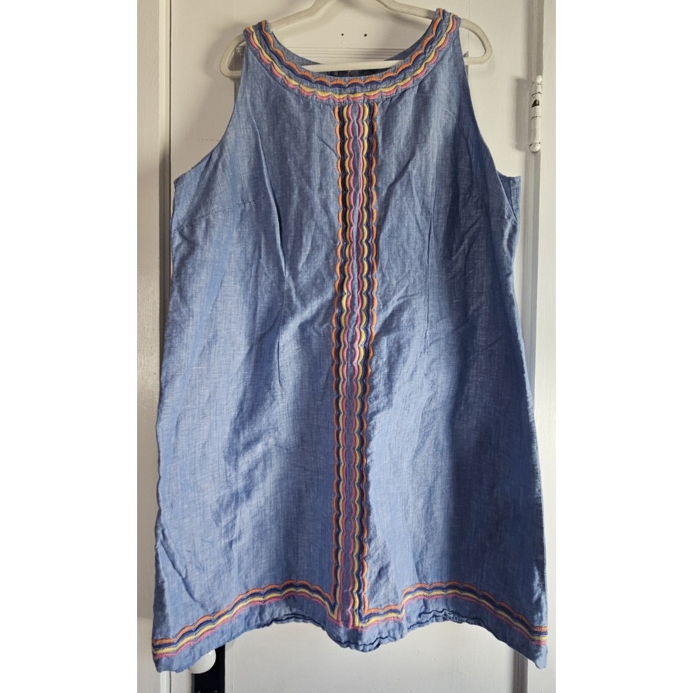Talbots Linen Scallop embroidery front chambray lined shift dress Sz 20W